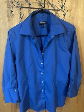 Kirkland Signature Women’s Blue Button-Down Shirt 3/4 Sleeveless Size L